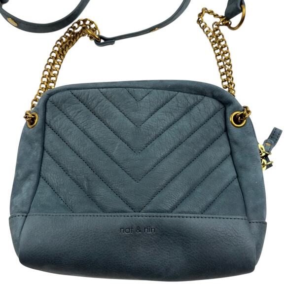 Nat + Nin Blue Rio Classic Quilted Matte Leather Crossbody Bag with Chain Strap